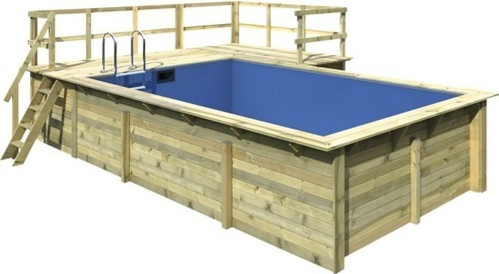 Aufstellpool Holzpool-Set Karibu Grösse 3 rechteckig 672x483x124 cm inkl. Bodenschutzvlies, Innenauskleidung mit Keilbiese & Leiter mit L-Plattform