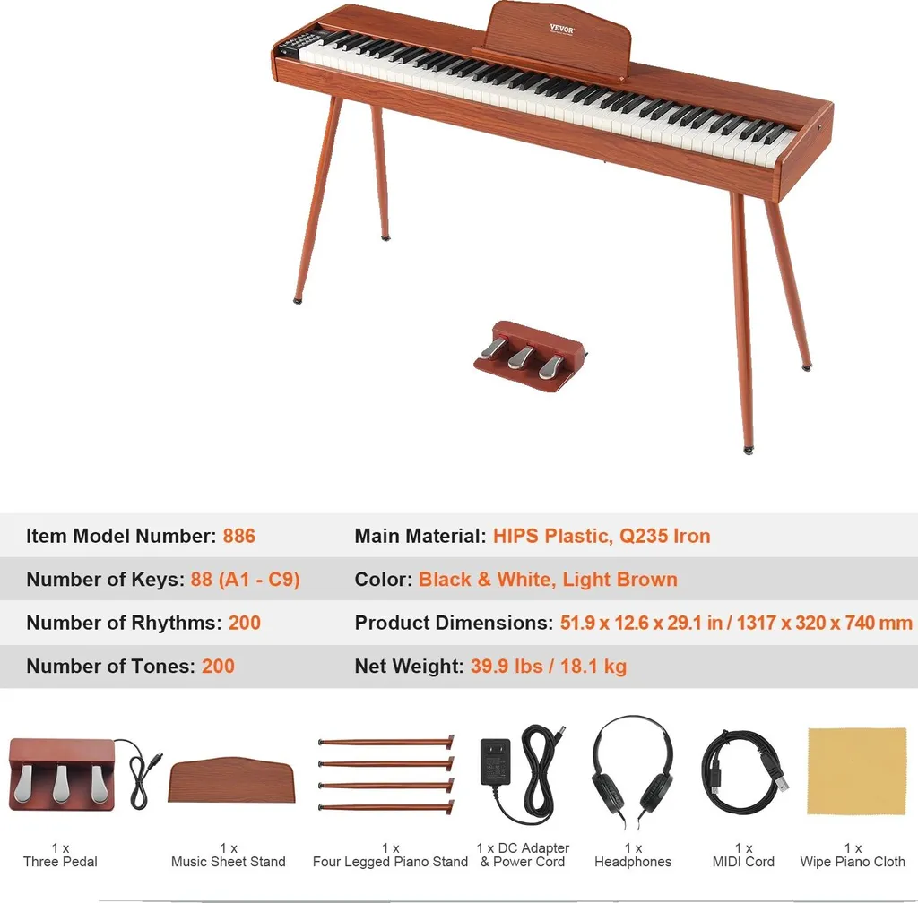 Clavier numérique 88 touches et stand bois avec 200 rythmes programmés