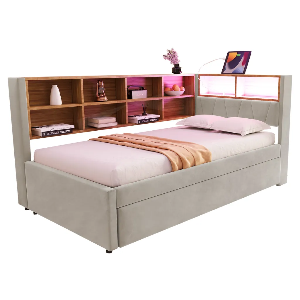 Canapé-lit avec Bibliothèque et Prise USB 90x200 cm Lit Gigogne Gris