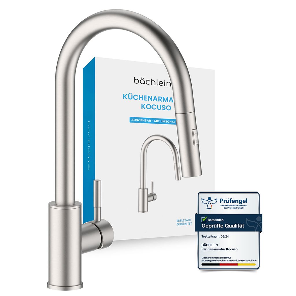 Bächlein Küchenarmatur 360 Grad schwenkbar - gebürsteter Edelstahl – Einhand-Spültischbatterie mit ausziehbarem Schlauch und Brause mit Umsch...