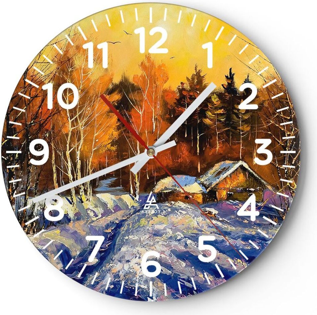 Wanduhr - Rund - Glasuhr - Winter Wald Wiese - 30x30cm - Schleichendes Uhrwerk - Lautlos - zum Aufhängen bereit - Dekoration Modern - Wanddekorati...