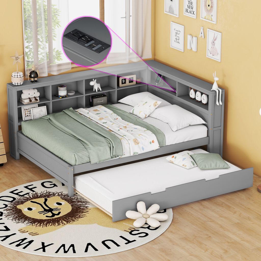 Schlafsofa 140*200, ausziehbares Bett 90*190 mit USB-Steckdose und mehreren Ablagefächern, Massivholzbett, Doppelbett, Multifunktionsbett aus Holz...