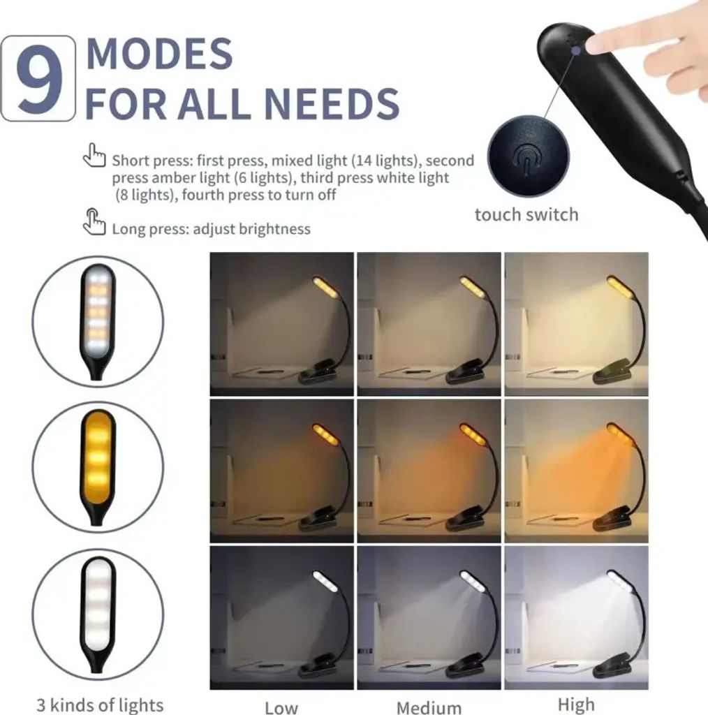 Wiederaufladbare USB - LED - Buchleuchte mit Augenschutz und 3 Farbtemperaturen: Perfekt für das Lesen