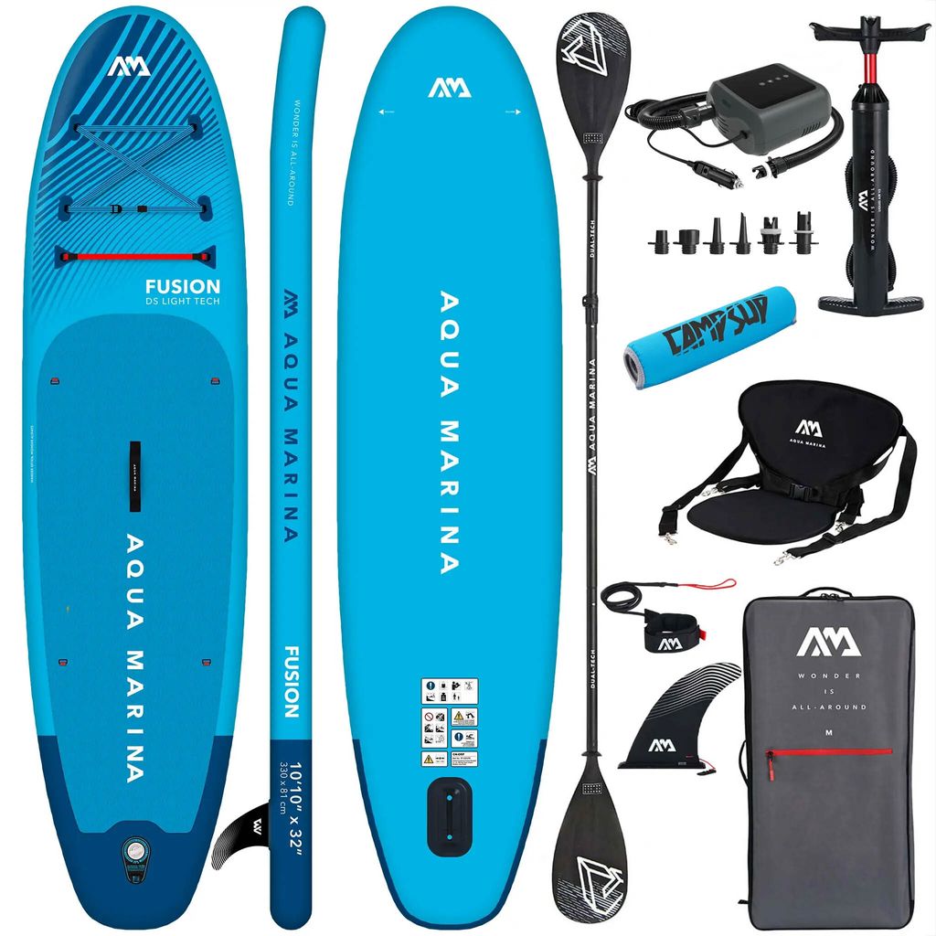 Aqua Marina Fusion SUP Board 330 cm aufblasbar – Komplettset mit Kajaksitz, 2in1 Paddel, E-Pumpe & Boje – Blau
