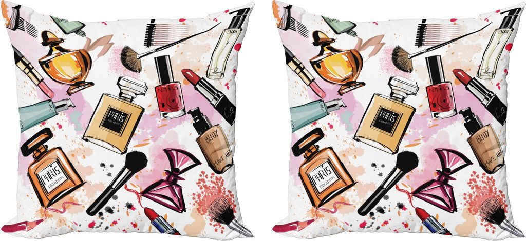 ABAKUHAUS Mode Kissenbezug Set (2Stück), Kosmetik Make Up Thema Muster Mit Parfüm Lippenstift Nagellack Pinsel Moderne Dame, 50 x 50 cm, Mehrfarbig