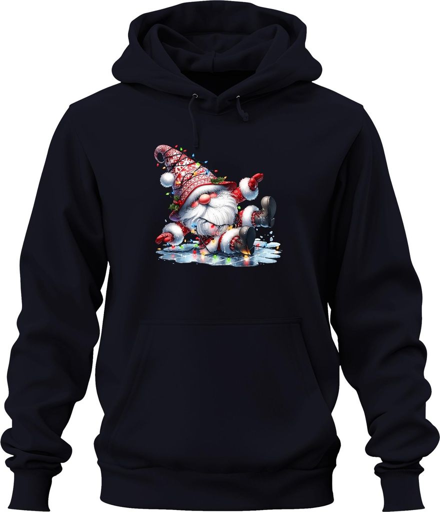 Lustiger Weihnachtswichtel rutschend auf Eis mit Lichtern Weihnachten Uni Hoodie Kapuzenpullover, Navy, XL