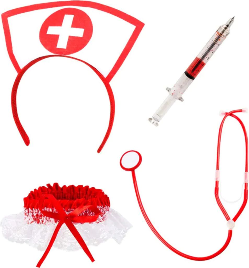 A collection of nurse-themed costume accessories arranged on a white background.
