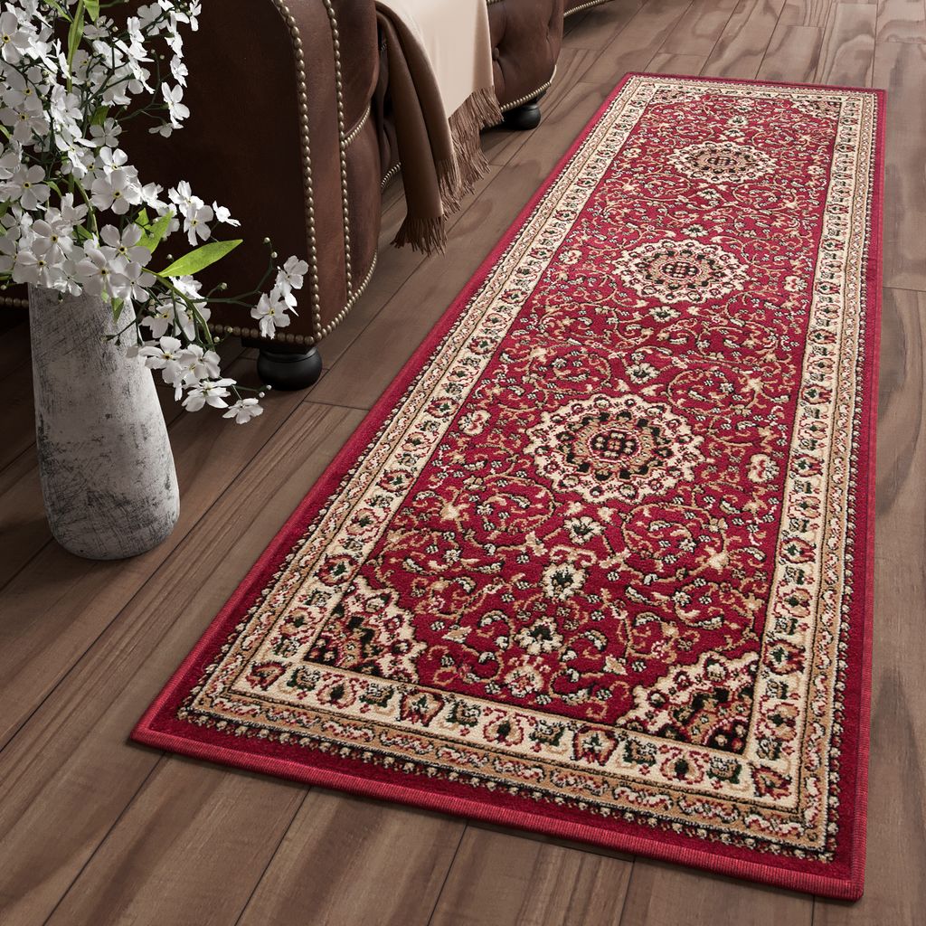 Teppichläufer Flur Teppich Kurzflor Modern Brücke Wohnzimmer Schlafzimmer Design Klassisch Rot Creme 80 x 300 cm