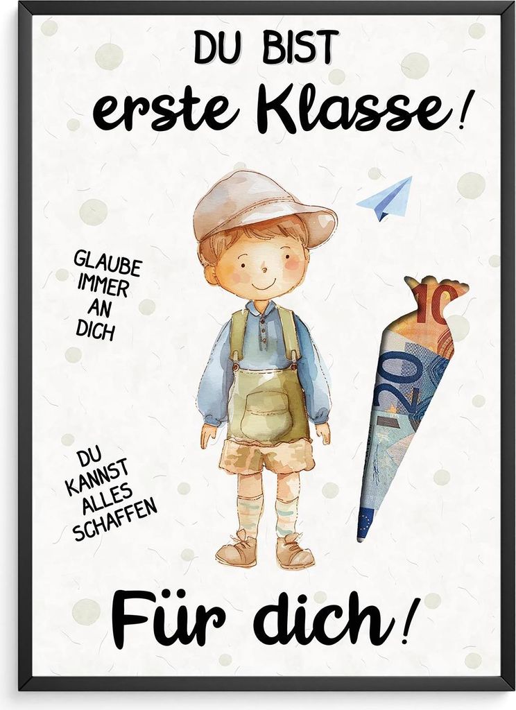 Geldgeschenk zur Einschulung Schultüte Junge Schulanfang Erstklässler Geschenk – DIN A4 + Rahmen schwarz