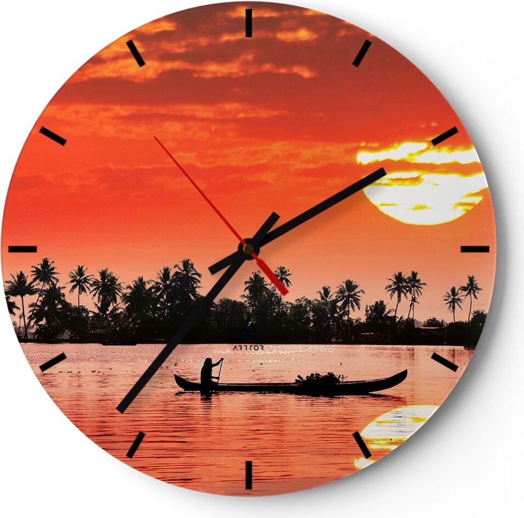 Wanduhr - Rund - Glasuhr - Kanal boot kultur sonnenuntergang - 40x40cm - Schleichendes Uhrwerk - Lautlos - zum Aufhängen bereit - Dekoration Moder...