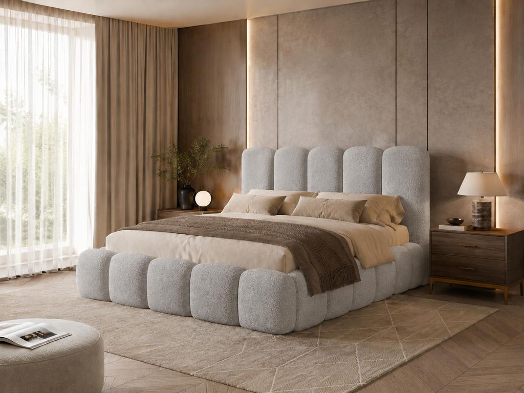 Emlar Polsterbett Teddy 180x200 cm - Designerbett mit Bettkasten & Lattenrost - Bouclé-Stoff - Doppelbett mit Stauraum Grau (Quelle 83)