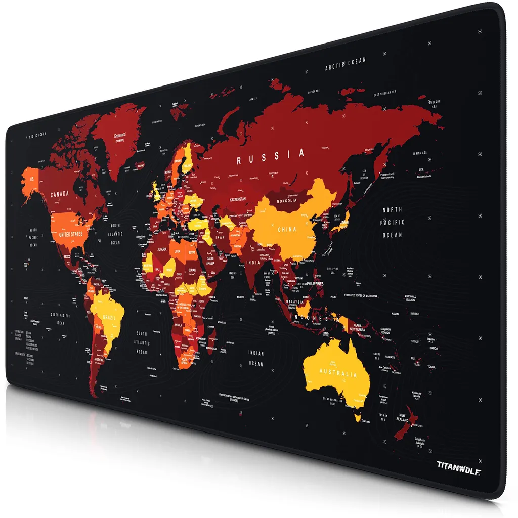 Tapis de souris gaming XXL 900x400 mm - Carte du monde noire et rouge
