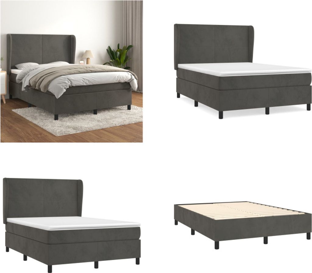 vidaXL Boxspringbett mit Matratze Dunkelgrau 140x190 cm Samt - Boxspringbett - Boxspringbetten - Bett - Schlafzimmermöbel