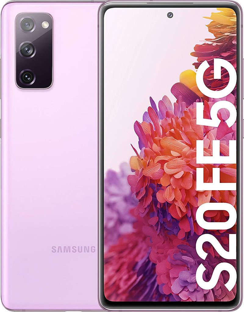 A Samsung Galaxy S20 FE 5G phone in Cloud Lavender color is shown from the front and back.