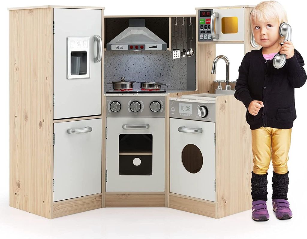 GOPLUS Kinderküche, Spielküche mit Umfangreichem Zubehör, Dunstabzugshauben, Kochfelder, Backöfen, Mikrowellengeräte, Lichter und Geräusche