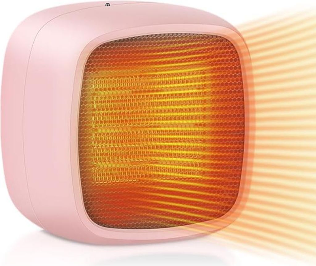A pink mini electric ceramic heater emitting warm air.