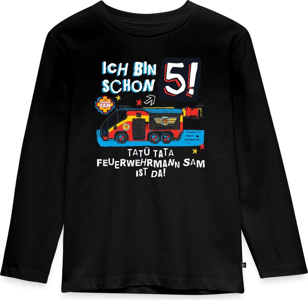 Spreadshirt Feuerwehrmann Sam Geburtstagsdesign 5 Jahre Kinder Premium Langarmshirt, 134/140 (8 Jahre), Schwarz