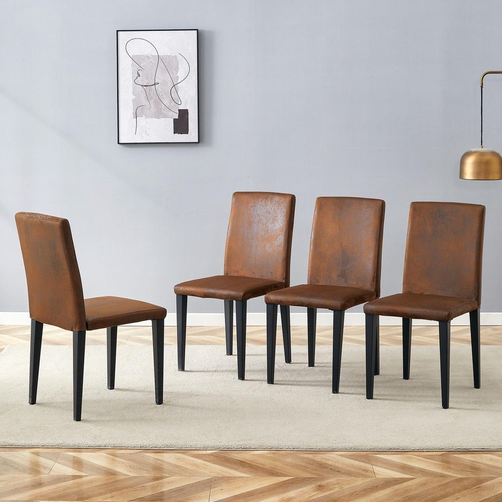 MODFU Esszimmerstuhl 4er-Set braun,Küchenstuhl mit schwarzen Metallbeinen und 47 cm hohe Rückenlehne,Bürostuhl,Loungesessel für Esszimmer