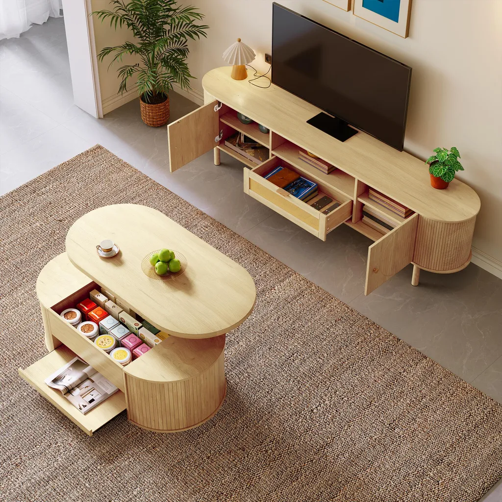 Ensemble salon meuble TV table basse bois anti-choc et réglable