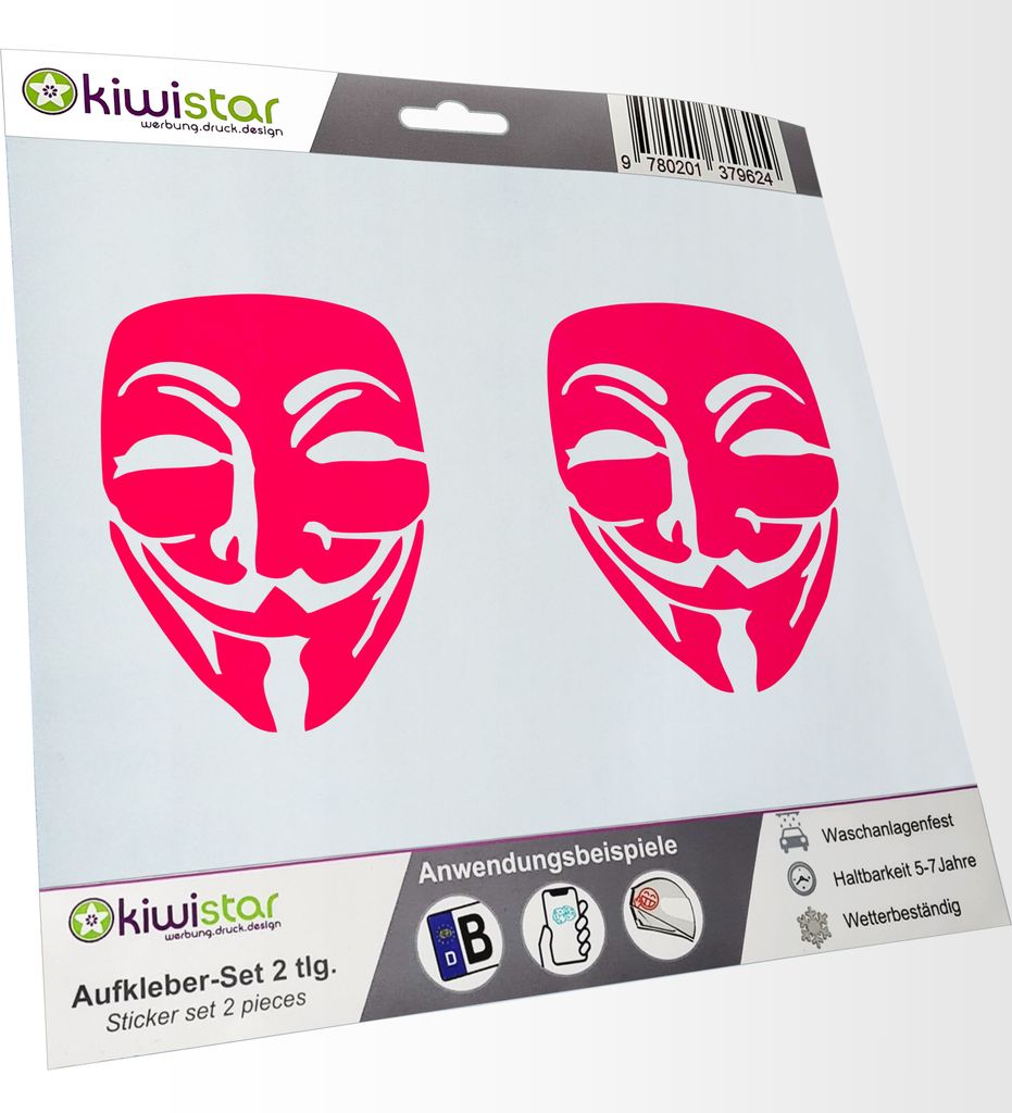 Kiwistar - 2x Kennzeichenaufkleber - neonpink - 21 mm Anonymous Maske Aufkleber für Auto, Laptop, Fahrrad, LKW, Motorrad Mehrfarbig JDM Decal Racing