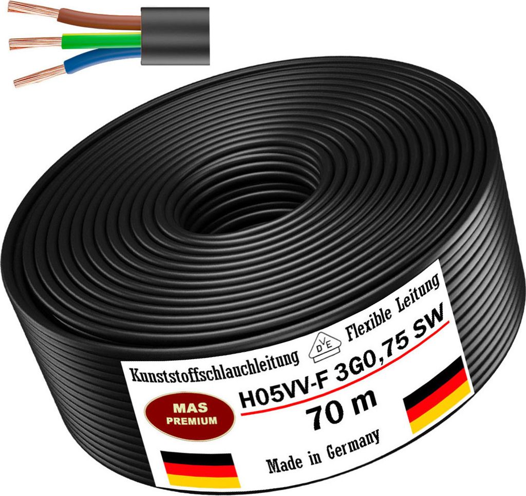 70m Schlauchleitung H05VV-F 3G0,75 Schwarz Flexible Leitung Gerätekabel