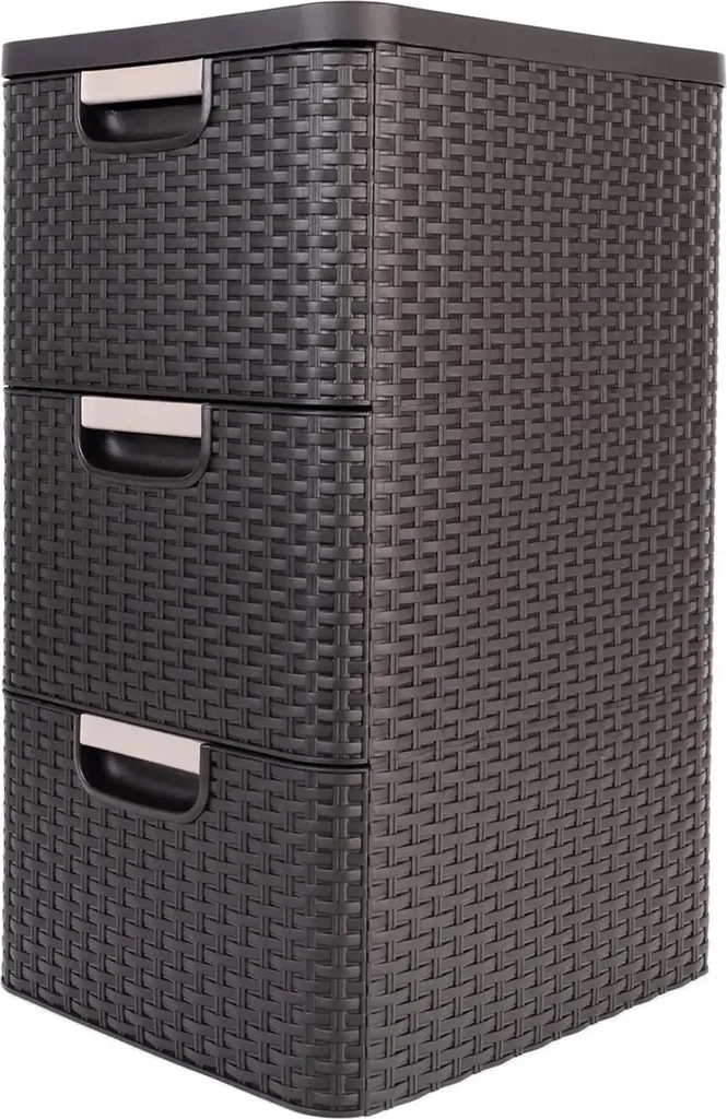 Commode 3 Tiroirs Effet Rotin - Rangement Salle de Bain 42L Marron