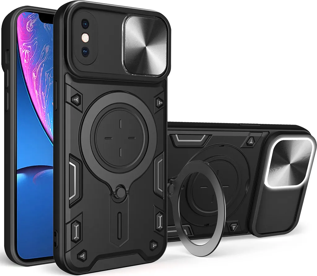 Custodia per iPhone XS /iPhone X a doppio strato resistente con copertura della fotocamera e supporto ad anello nero