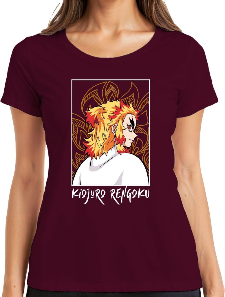 Kyojuro Rengoku Demon Slayer Flame Hashira Anime Geschenk Samurai Damen T-Shirt, Burgundy, S