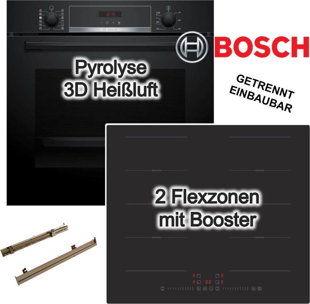 Herdset Bosch Backofen PYROLYSE TELESKOPAUSZUG + PKM Induktionskochfeld Flex-Zonen autark 60cm
