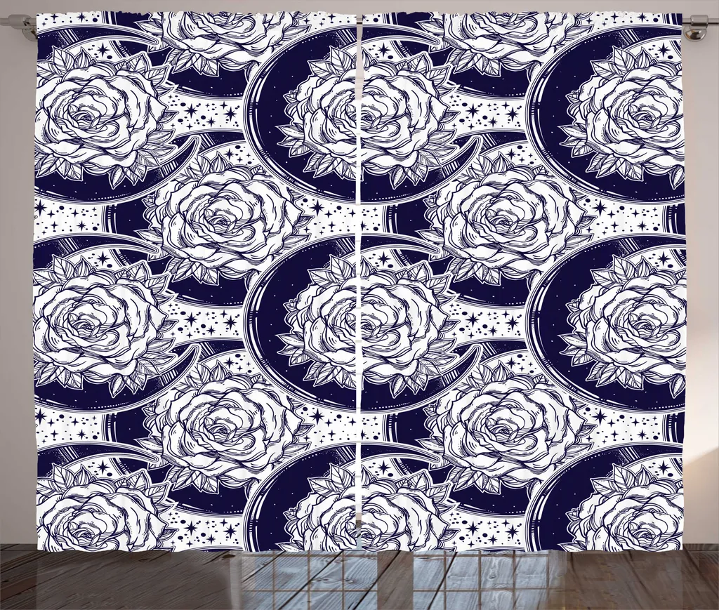 Rideau à Fronces pour Chambre avec Roses Bohèmes Indigo 280 x 225 cm