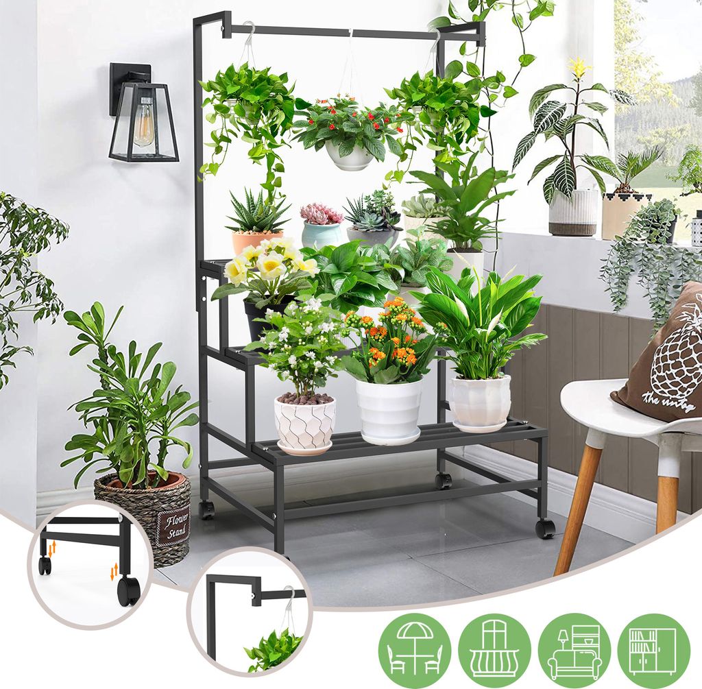 3-Stufiger Pflanzenständer 80x62x144cm Blumenständer Metall Regal 144cm Hoch,Schwarz Pflanzentreppe mit Rädern&Hängestange für Garten,Balkon,T...