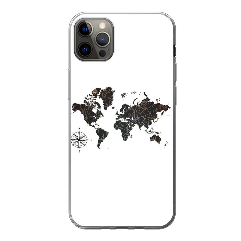 MuchoWow Handyhülle Schutzhülle Hülle für iPhone 12 Pro Max Weltkarte - Gold - Schwarz - Windrose Silikon Softcase Handy Hülle - Hartschale