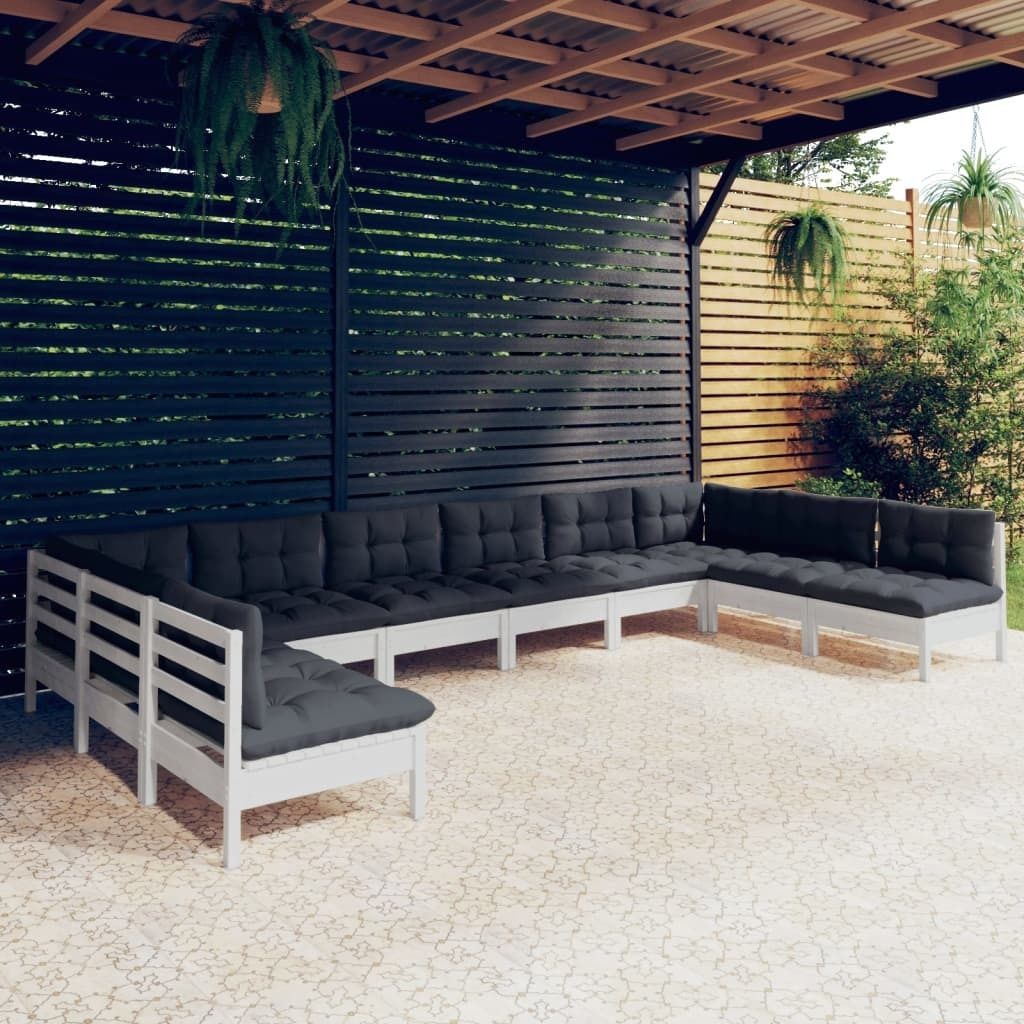 The Living Store 10-tlg. Garten-Lounge-Set mit Kissen Weiß Kiefer Massivholz