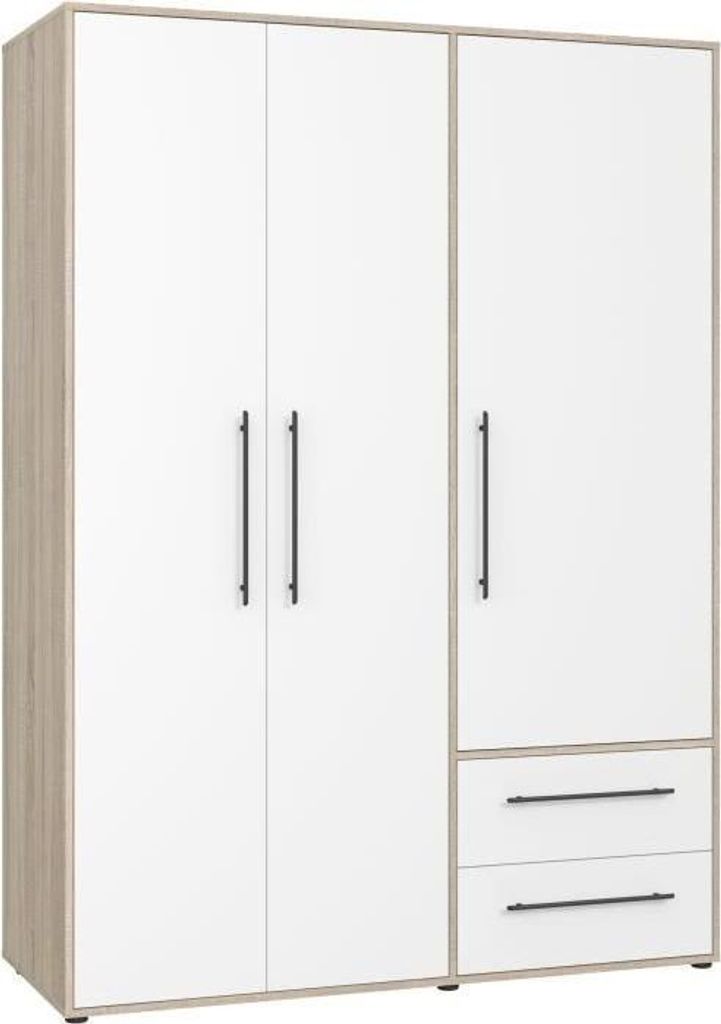 Kleiderschrank - Sonoma Eiche / Mattweiß - 3 Türen - L144,4 x T58,8 x H200cm - MOKKARIS