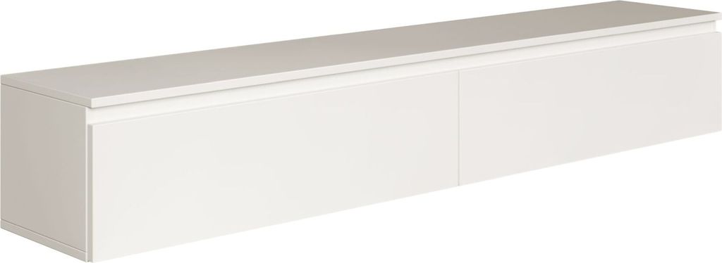 A white, wall-mounted TV board with two doors, shown from a slight diagonal angle against a white background.