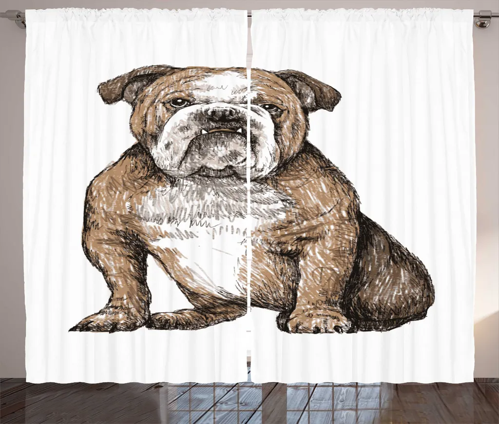 Rideau Rustique Lavable Motif Bouledogue Anthracite 280x225 cm Camel