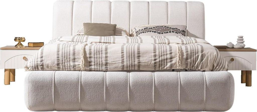 Polsterbett Baha Holzwerkstoff Stoffbezug Weiß Beige Naturholzoptik, Liegefläche:160x200 + 2 Nachttische