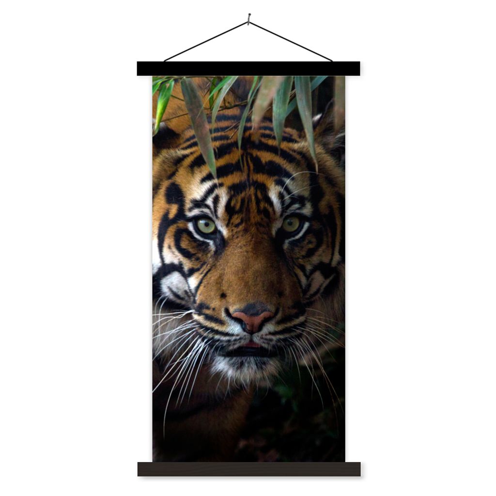 MuchoWow Textilposter Tiger - Blätter - Dschungel - Tiere - Wild 90x180 cm mit schwarzem Rahmen - Dekoration Wohnzimmer