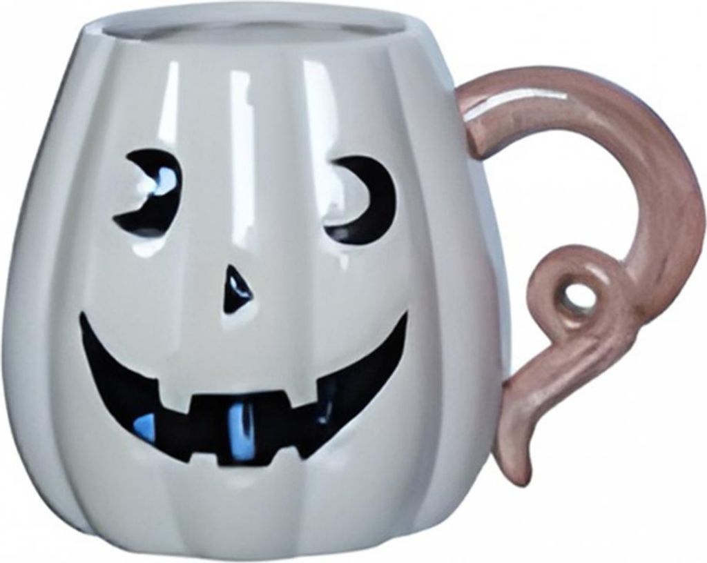 Weiße Halloween Kürbis Tasse mit Strunk als Henkel 18cm