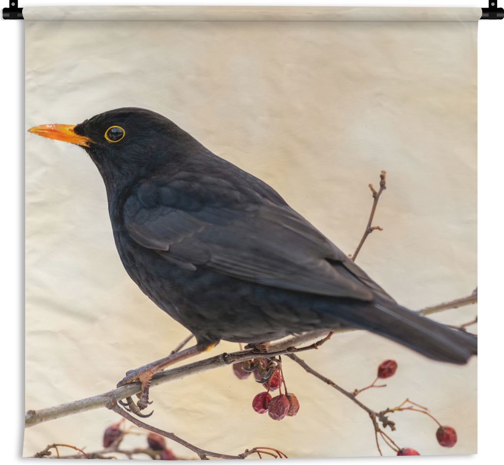 MuchoWow Wandteppich Wandbehang Amsel - Vogel - Zweige - Beere - Rot 90x90 cm Tapisserie Dekoration Wandtuch - Wandaufhänger