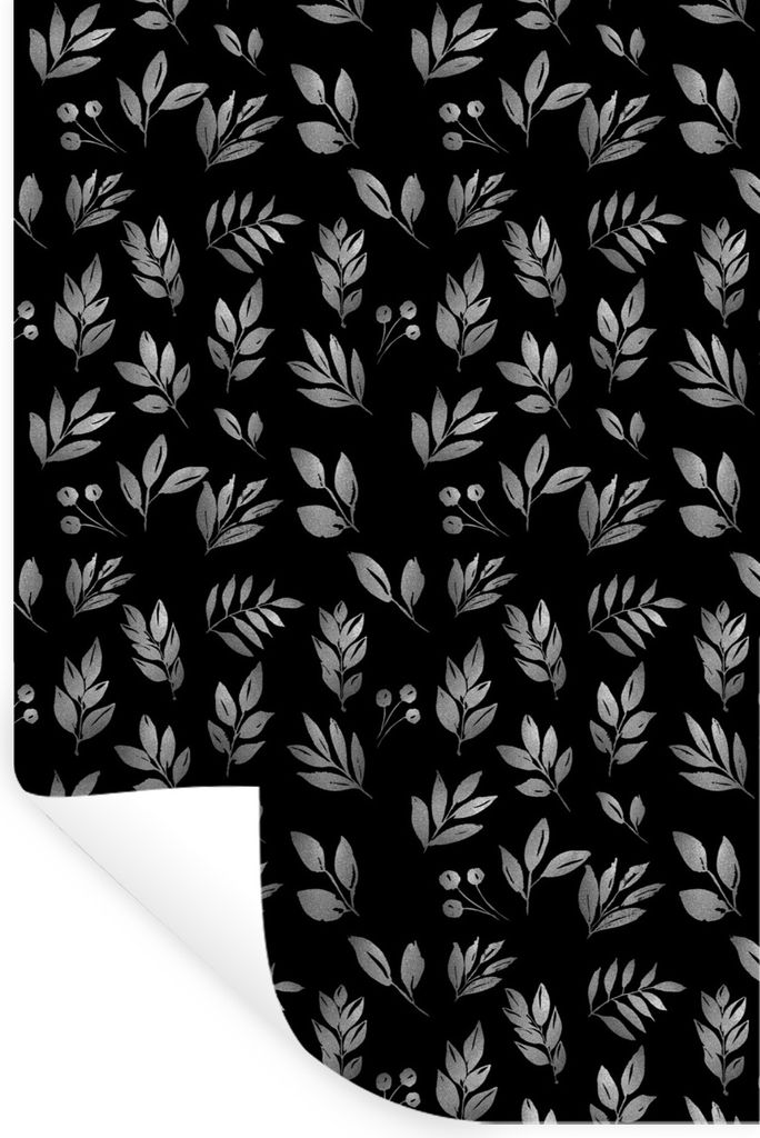 MuchoWow Wandtattoo Wandsticker Wandaufkleber Muster aus kleinen Zweigen mit Blättern und Beeren auf schwarzem Hintergrund - schwarz und weiß 4...