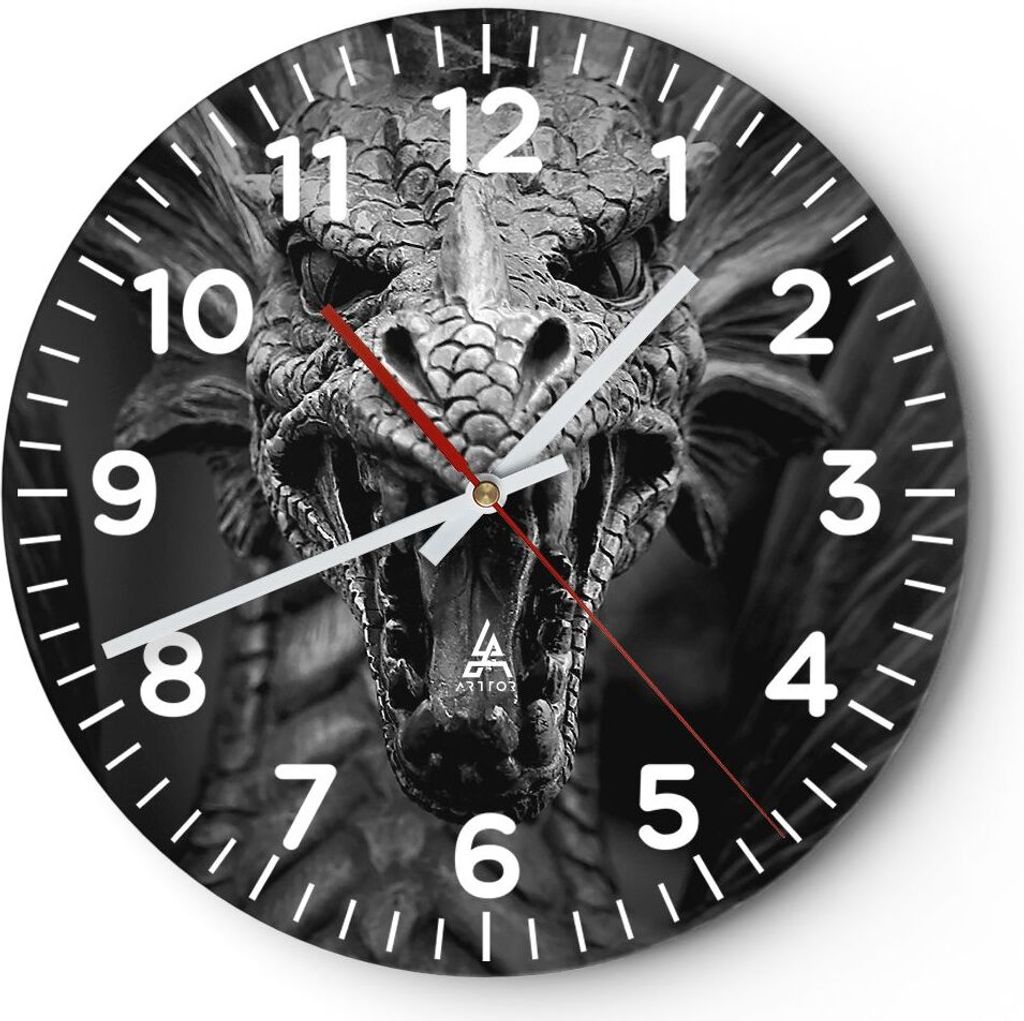 Wanduhr - Rund - Glasuhr - Drache Kreatur Waage - 30x30cm - Schleichendes Uhrwerk - Lautlos - zum Aufhängen bereit - Dekoration Modern - Wanddekor...