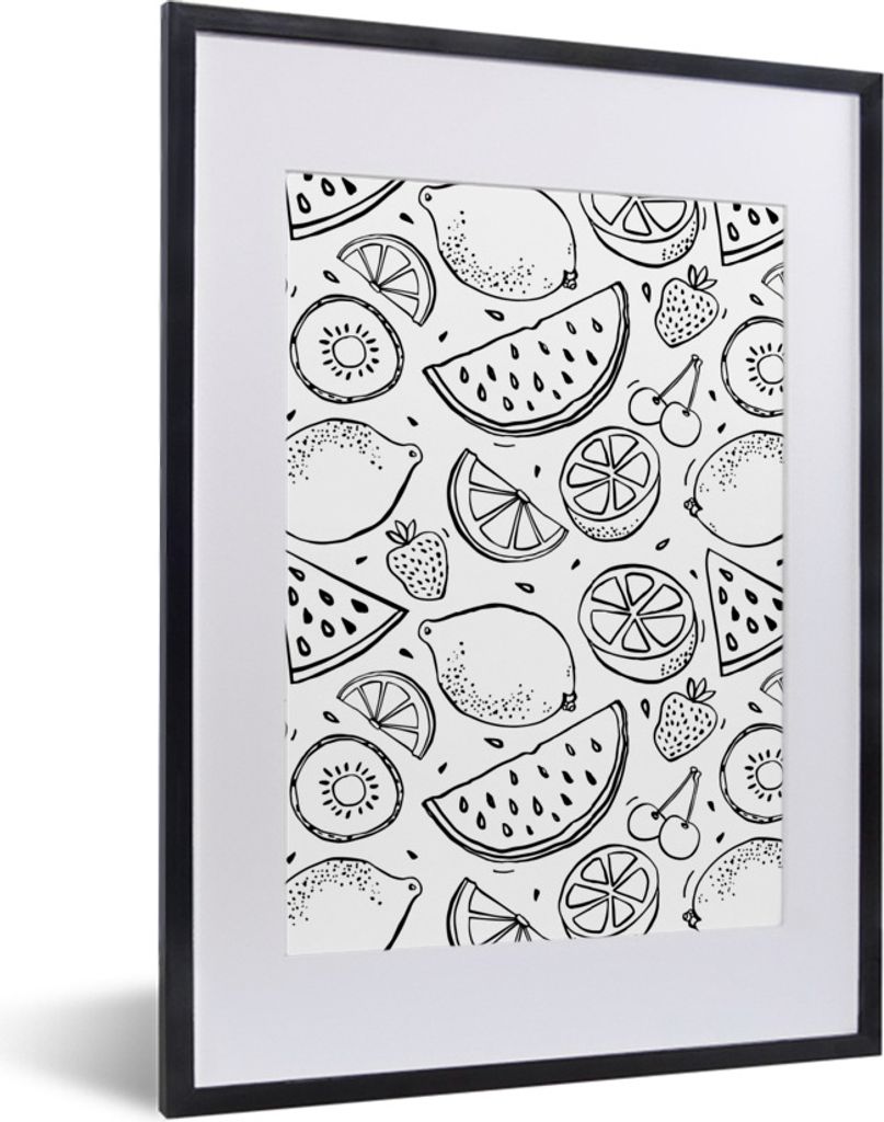 MuchoWow Gerahmtes Poster Obst - Muster - Schwarz - Weiß 30x40 cm - Poster mit Schwarzem Bilderrahmen Wandposter Rahmen Foto Bilder - Wandposter...