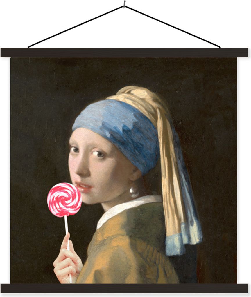 MuchoWow Textilposter Das Mädchen mit dem Perlenohrring - Vermeer - Süßigkeiten 90x90 cm mit schwarzem Rahmen - Magnetisches