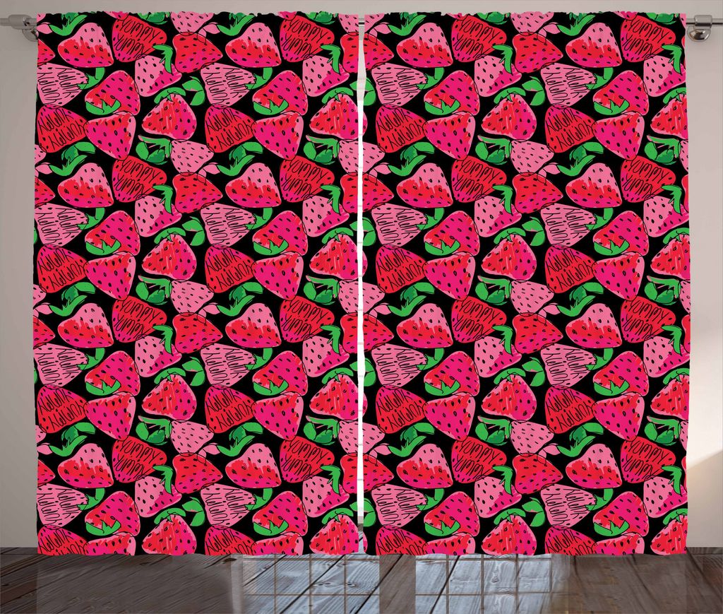 ABAKUHAUS Erdbeere Rustikaler Gardine, Bunte Skizze, Schlafzimmer Kräuselband Vorhang mit Schlaufen und Haken, 280 x 175 cm, Mehrfarbig