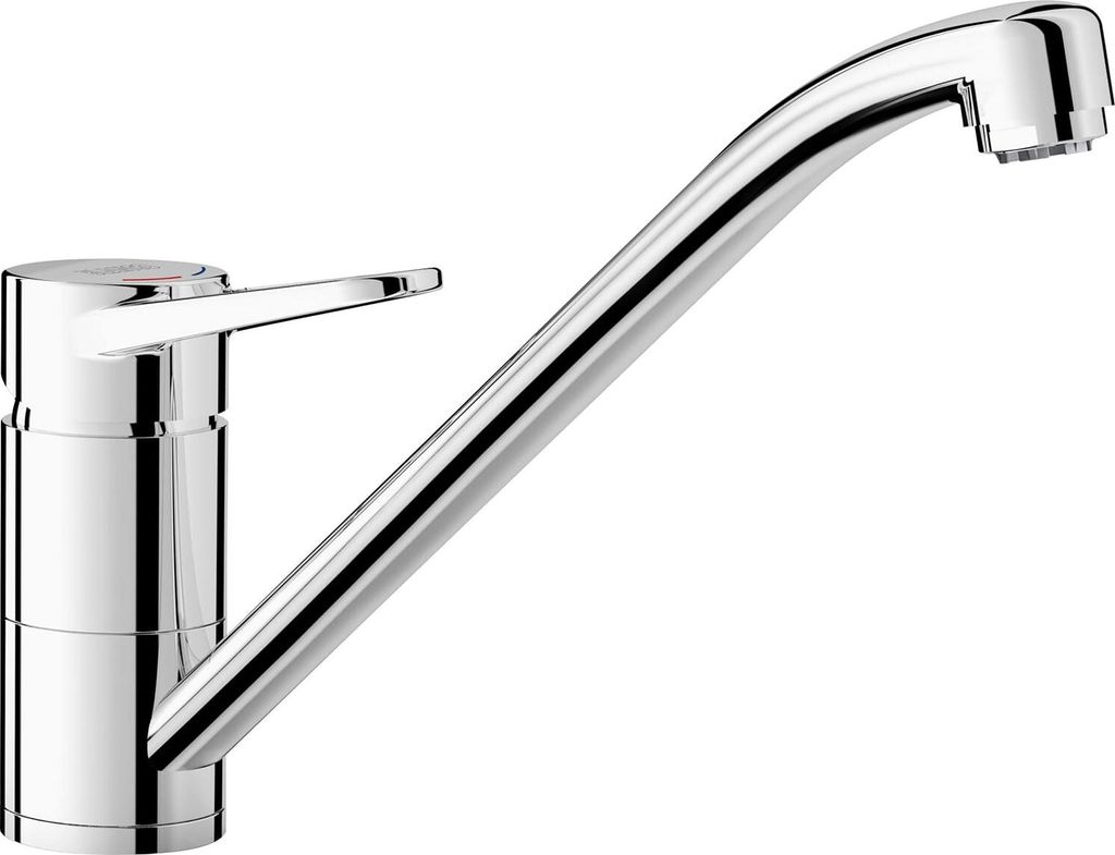 A studio shot of a chrome kitchen faucet against a white background.