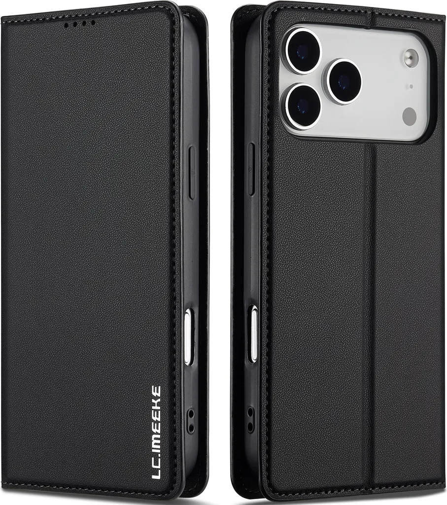 Custodia magnetica in pelle flip per iPhone 17 Pro Max, con slot per schede e funzione stand Nero