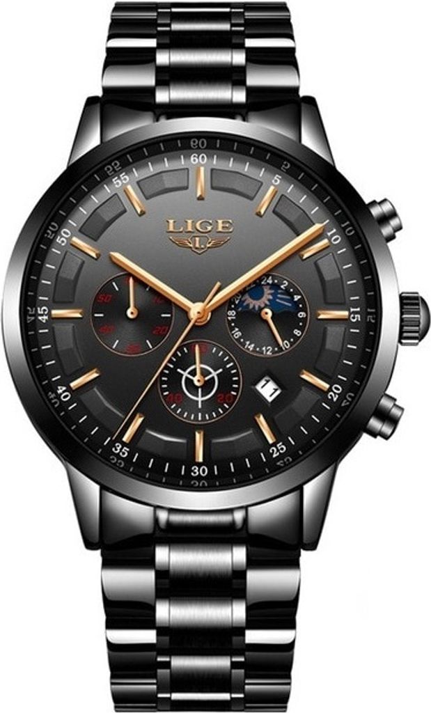 Elegante LIGE Steel Herrenuhr in Schwarz und Gold - Hochwertige Luxus Uhr KP4056