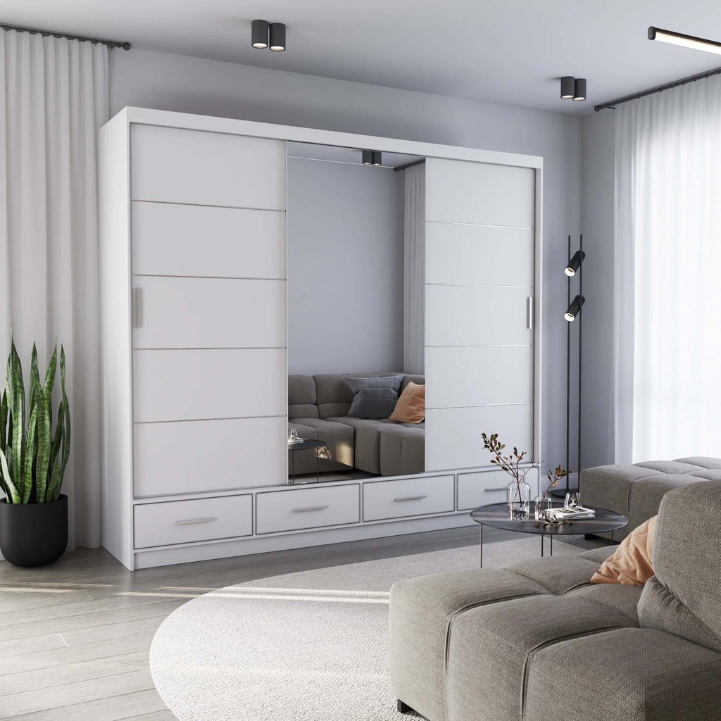 Schwebetürenschrank Kleiderschrank 250 cm Weiß/Weiß matt Produktbild 