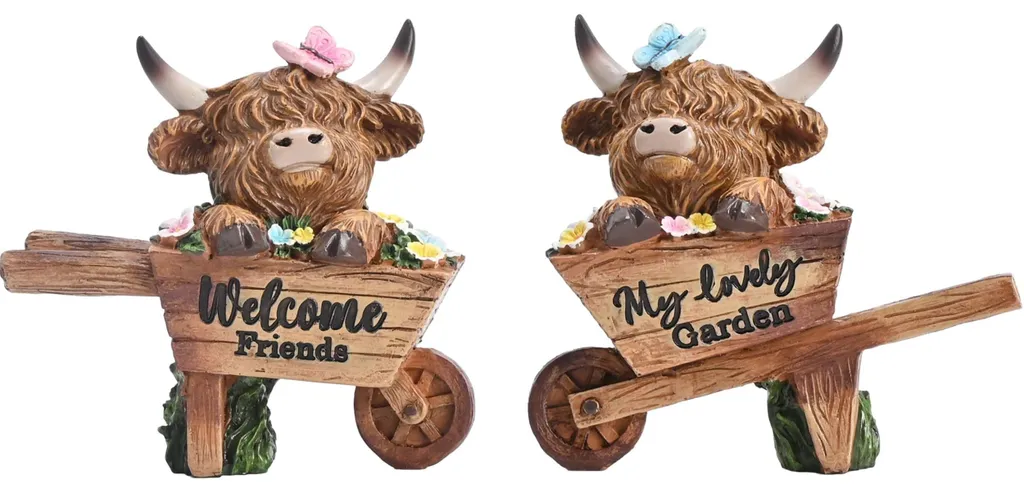 Statue de jardin vache des Highlands et fleurs décoratives extérieurs